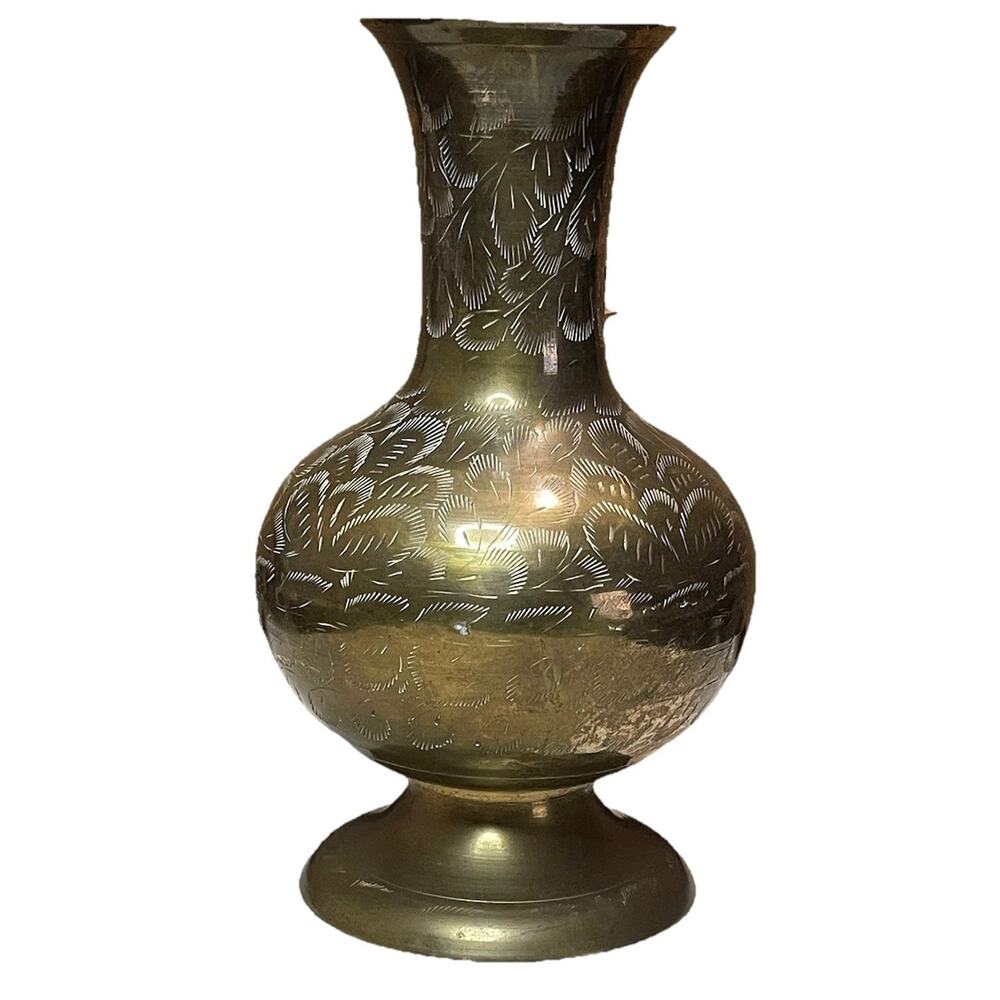 Vintage Etched Brass Vase India Floral Design 8.5" Tall Boho Mid-Century Decor - Picture 2 of 9